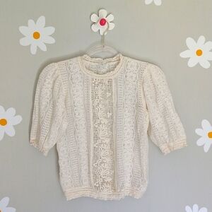 Shabby Chic Cream Delicate Lacy Short Puff Sleeve Blouse